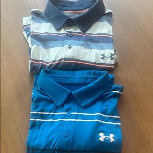 2 L Under Armour golf polos.  Good condition.  Silky knit.  Blue bundle!